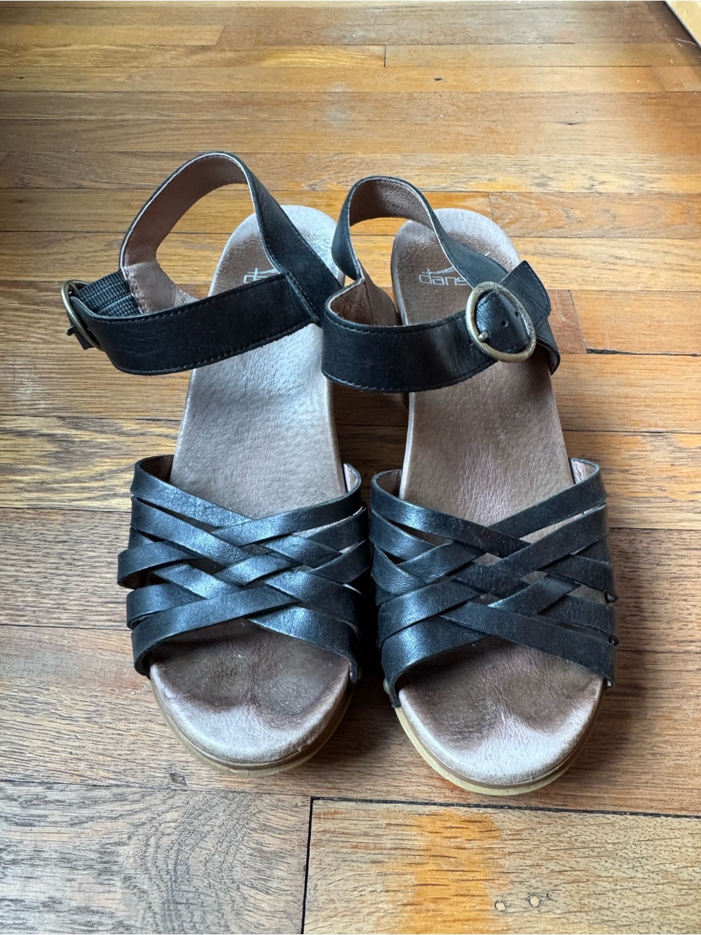 Dansko Black Leather Woven Strap Ankle Sandals